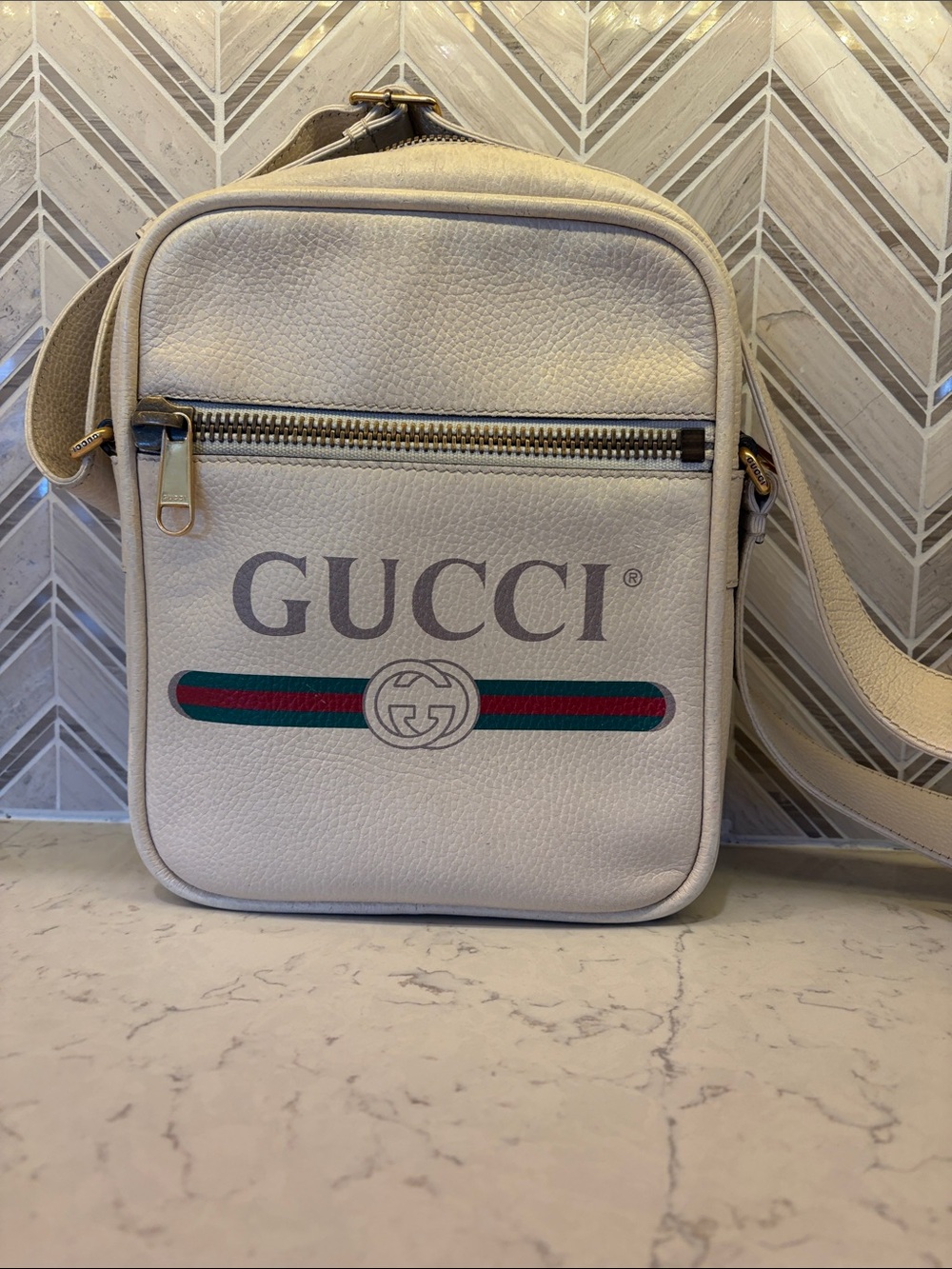 Gucci Cream Leather Crossbody with Green and Red Web Stripe